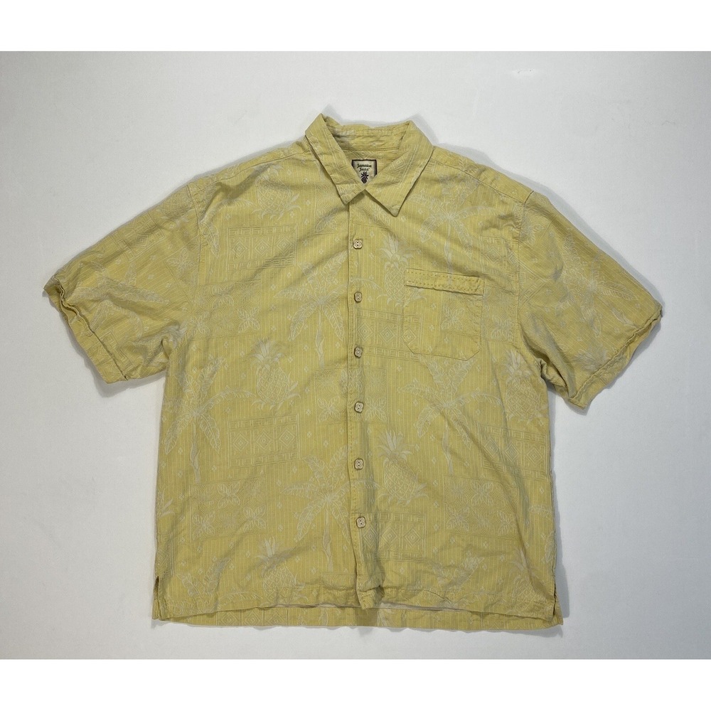Jamaica Jaxx Mens XL Silk Hawaiian Shirt Yellow Palm Tree Pineapple Beach Camp